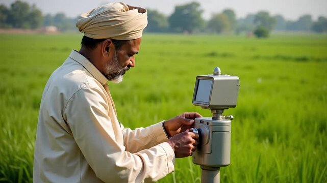 Indian farmer uses modern weather station near fields for better crops, 4K video shows sustainability and innovation in agriculture