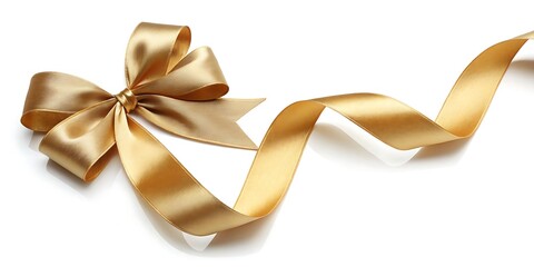 Elegant golden ribbon bow with flowing tail on a clean white background perfect for celebrations and gift wrapping