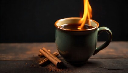 Fireside Comfort A steaming mug of mulled wine near a warm, crackling fireplace. A rustic wooden surface next to a warm, glowing fireplace with visible crackling flames. A steaming ceramic mug filled