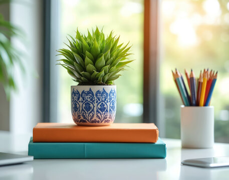 Clean modern work desk setup. Green succulent plant in blue pattern pot rests on orange, teal books. Many colored pencils sit in white holder by bright sunlit window. Tidy organized workspace for