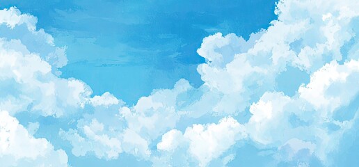 Painted blue sky with fluffy white clouds in watercolor style
