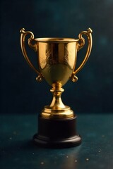 Golden trophy on a textured, dark background with subtle iridescent sheen, conveying understated elegance and value. A classic, well crafted golden trophy resting on a dark, subtly textured background
