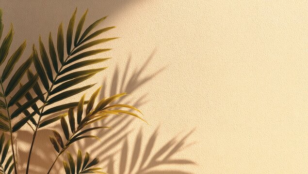 Palm fronds cast shadows on a warm beige wall. Sunlight creates interesting shapes
