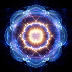 Abstract cosmic flower fractal in blue and gold with intricate light patterns.