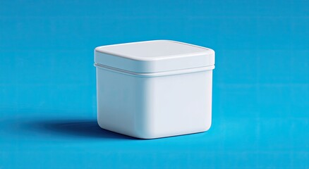 White square tin container on blue background