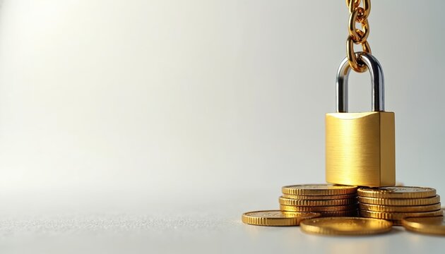 Golden padlock hangs above stacks of shining gold coins. Image secure financial planning, asset protection, safe investment strategies. Locked money represents ensuring wealth, banking trust, future