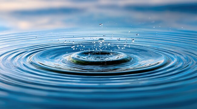 Water drop impact creating concentric ripples on a serene blue surface