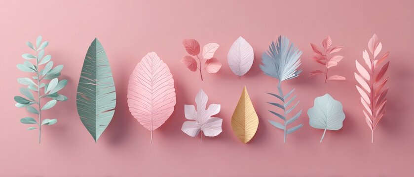 Pastel paper leaves arrayed on a pink surface. Abstract, decorative, and flat design