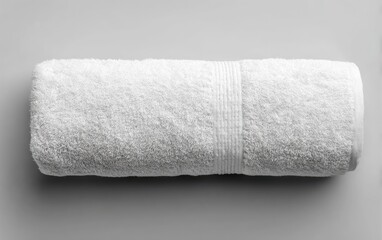 Rolled white bath towel on a gray surface