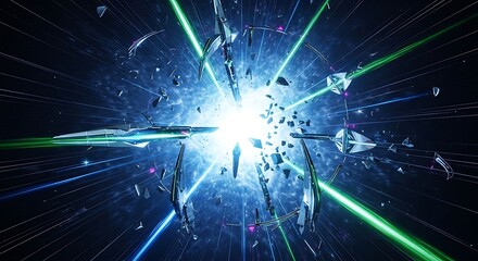 Abstract digital explosion with shards and green light rays against dark background