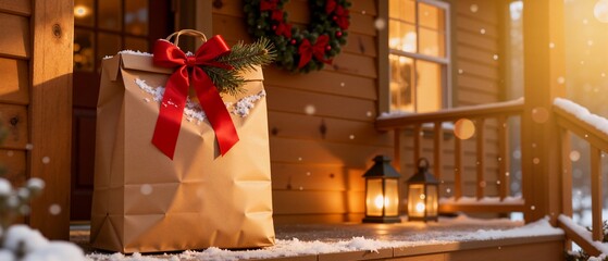 Christmas gift delivery on a snowy front porch. Festive holiday present with a red bow at a rustic cabin entrance. Cozy winter season background