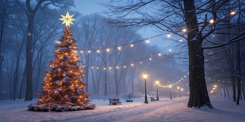 Enchanting winter wonderland scene with a beautifully decorated christmas tree illuminated by warm lights and festive string lights adorning a snowy park path