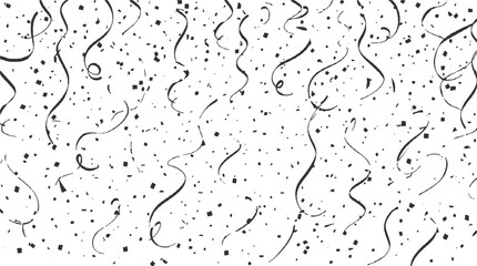 Black confetti and streamers falling on a white background party celebration