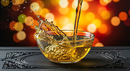 Vibrant splashing apple in honey with colorful bokeh lights in the background for hanukkah celebration