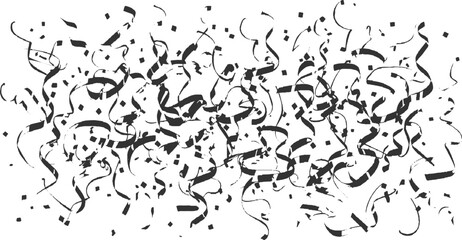 Black confetti and streamers falling on white background celebration party