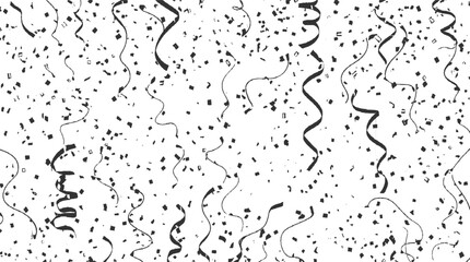 Black and white confetti and streamers falling against a white background party celebration