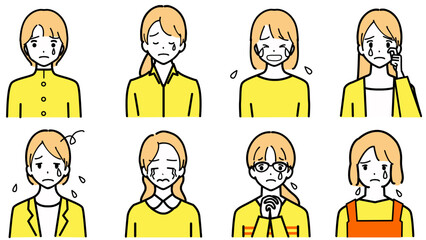 泣いている若い女性の上半身のセット