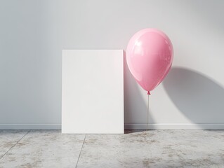 Empty white canvas and pink balloon in a light room
