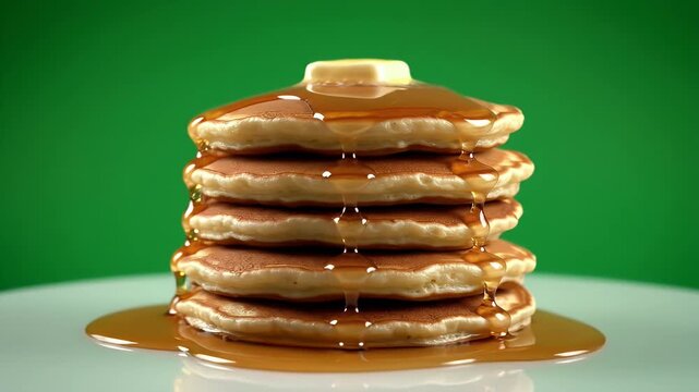 Sticky syrup drenched pancake stack close up.