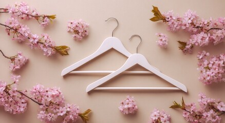 Two white wooden hangers centered amidst clusters of delicate pink cherry blossoms on a pale beige background