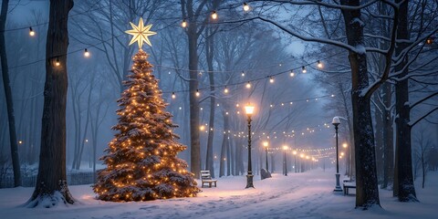 Enchanting winter wonderland scene with a beautifully decorated christmas tree illuminated by warm lights in a snowy forest path