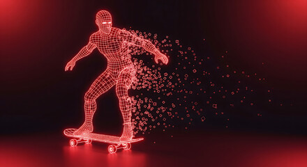 Pixelated Skateboarder Digital Athlete Carving Through Virtual Space