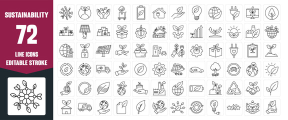 Sustainability Line Icon Set — Modern Editable Stroke Vector Symbols of Earth, Eco, Ecology, Environment, Environmental Care, and Green Concepts