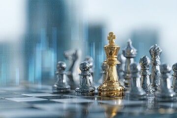 Golden king dominates silver chess pieces on a board with an urban strategic backdrop