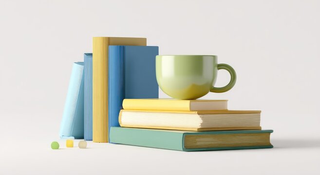 Colorful books and cup on white background