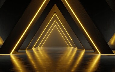 Geometric dark tunnel with glowing golden neon triangular arches and a shiny floor