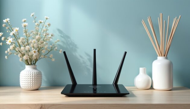 Black Wi-Fi router sits on a wooden desk. White vases with flowers and sticks stand next to device. Modern tech equipment provides wireless network access at home.
