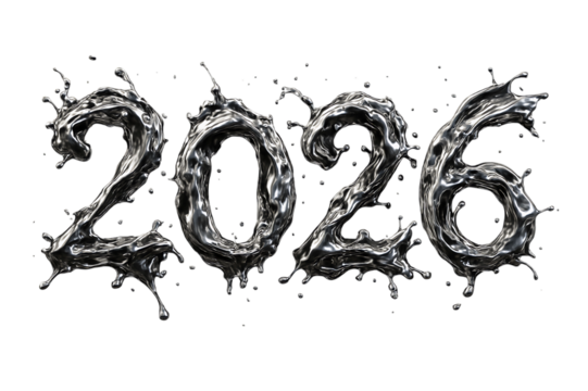 Liquid metal 2026 year design for a futuristic new year card