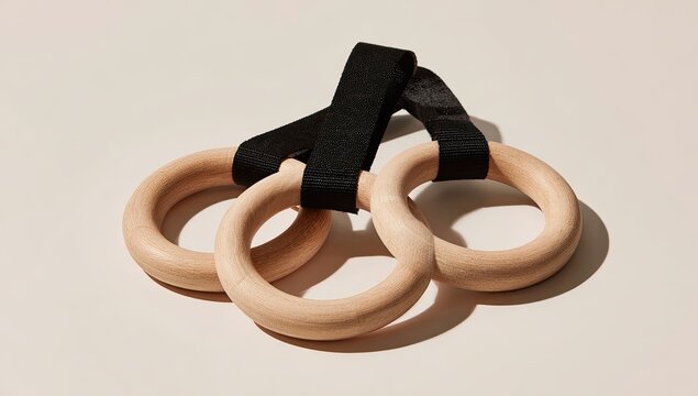Three wooden rings, connected, with black straps - Powered by Adobe