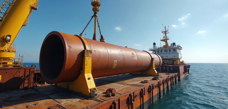 Large metal pipe lifted by crane on cargo ship at sea. Industrial equipment transported on vessel in open water. Offshore construction or wind farm installation in progress under clear blue sky.