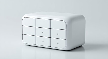 White, modern, box-like cabinet with recessed drawers