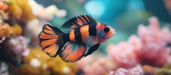 Colorful fish swims in aquarium, coral background, underwater scene, pet store