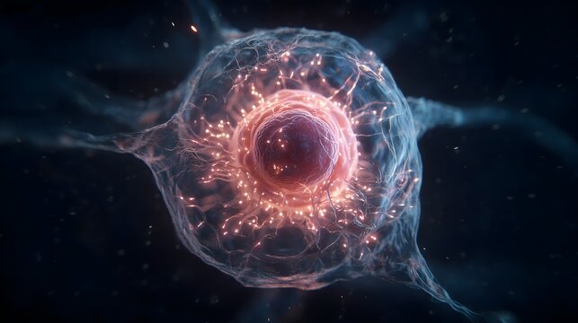 Regenerating biological cell with glowing nucleus and neural microfilaments