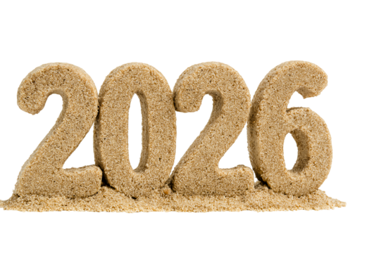 Sand sculpture displaying the year 2026 for future concepts