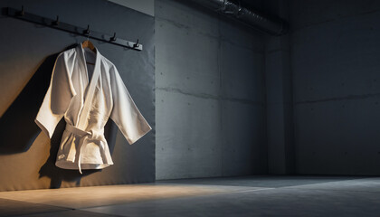 White Martial Arts Uniform Hanging in Dojo