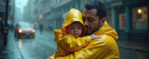 Father hugs child tightly on rainy city street. Both wear yellow raincoats. Background shows blurred street with cars and buildings. Weather is wet and overcast.