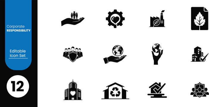 Collection of black and white icons representing environmental sustainability and social responsibility - Powered by Adobe