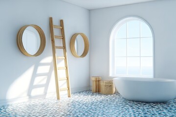 Light, airy bathroom with a coastal view.  Wooden ladder, round mirrors, and a soaking tub
