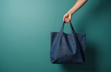 Person holds blue fabric shopper bag. Empty tote has copy space for text. Eco friendly reusable shopping concept against teal wall. Zero waste lifestyle accessory.