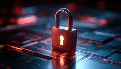 A metallic padlock sits atop a futuristic circuit board, illuminated by vibrant red and blue light