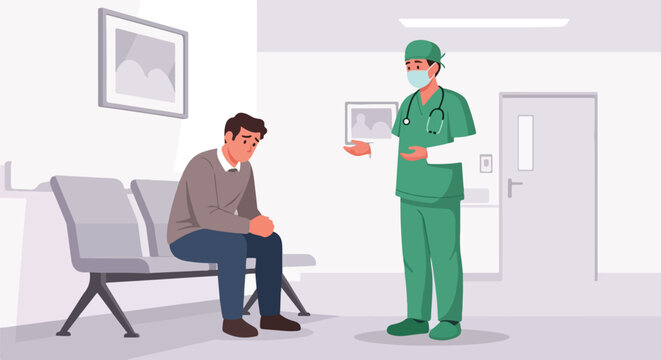 Anxious man sitting on a hospital bench talking to a compassionate nurse in green scrubs in a clinical waiting room with white walls and gray furniture.