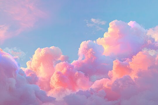 Puffy, pastel-colored clouds against a soft, light blue sky. Dreamy & ethereal