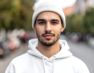 Portrait of a young man, sporting a white beanie and hoodie
