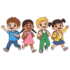 A colorful cartoon illustration of four happy school children running together with backpacks. Multicultural and diverse characters with expressive faces, thick outlines, and sticker-style 