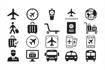 Airport and travel icon pack with flight signs, luggage symbols, and transport elements