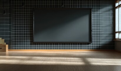 Empty room, dark wall, large black display
